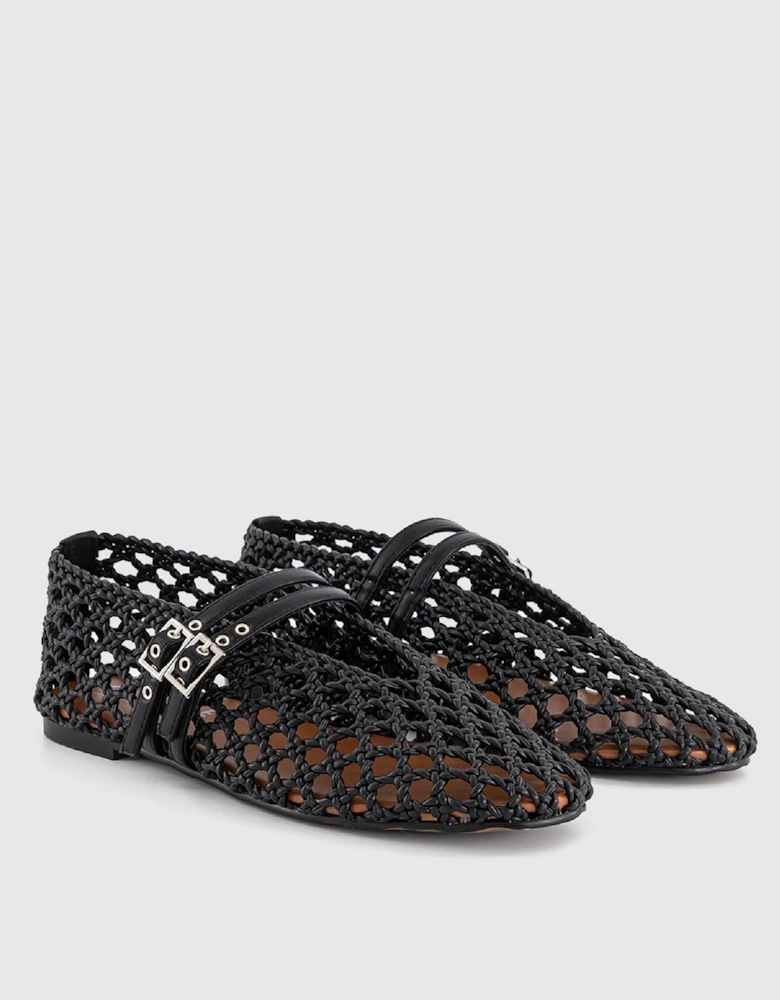 Double Strap Weave Ballerinas - Black