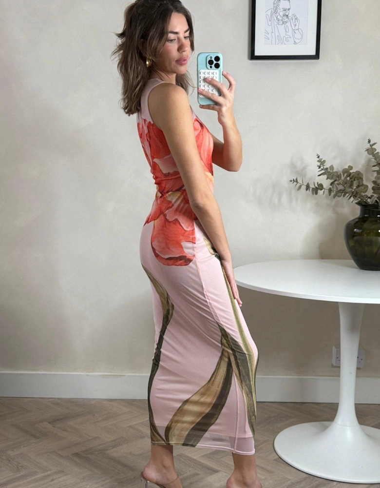 Mesh Sleeveless Floral Placement Dress - Pink