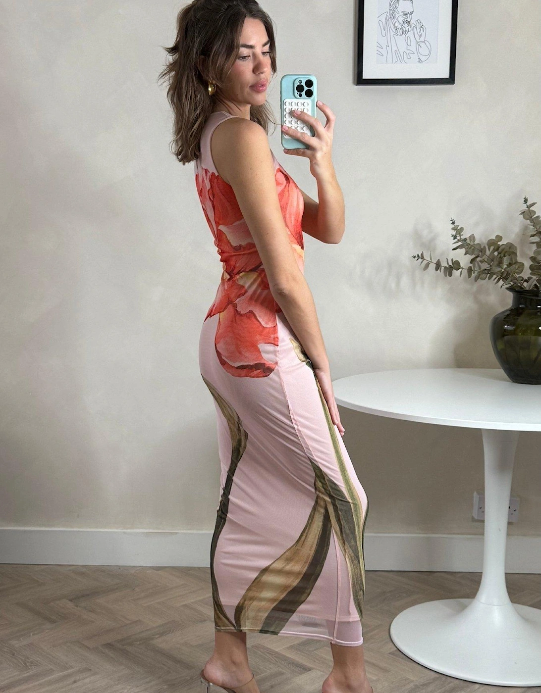 Mesh Sleeveless Floral Placement Dress - Pink