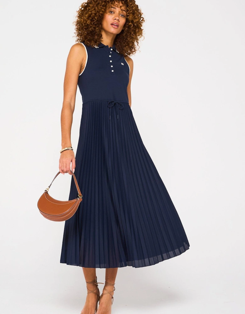 Pleated Polo Midi Dress - Navy