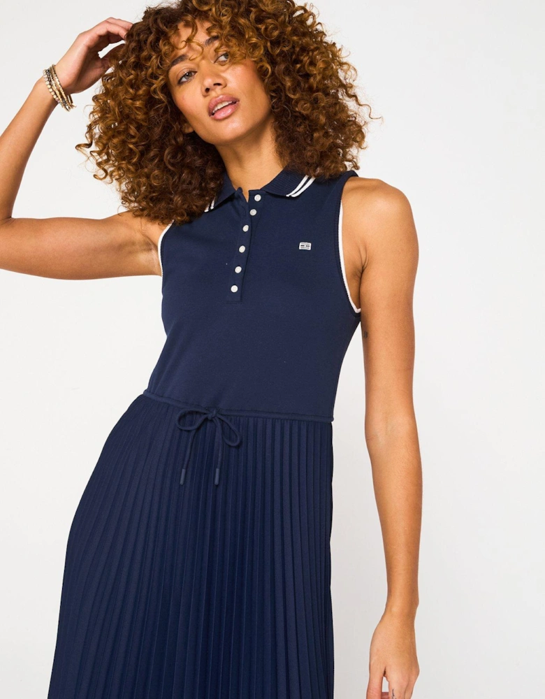 Pleated Polo Midi Dress - Navy