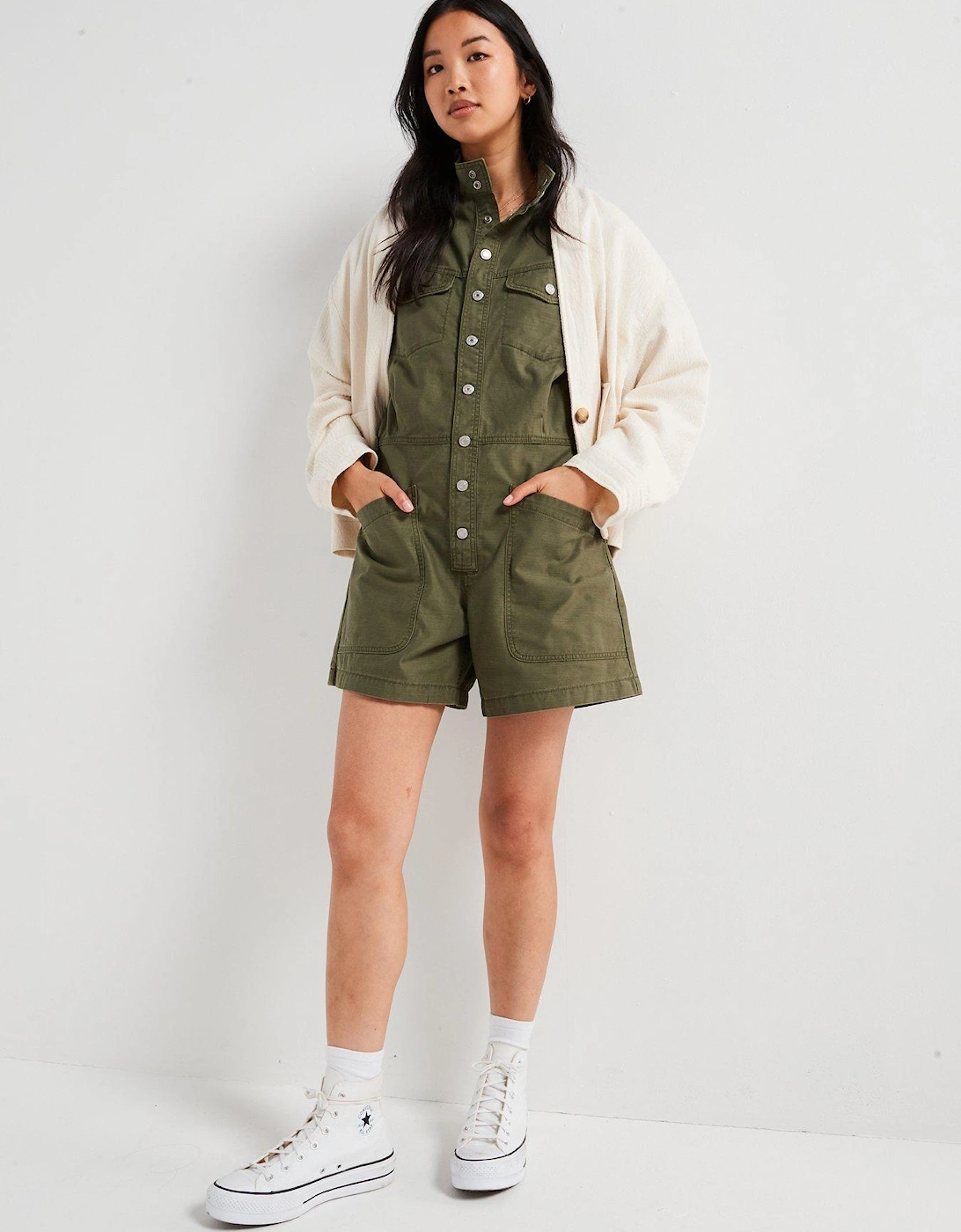 Short-sleeve Surplus Romper - Olive Night