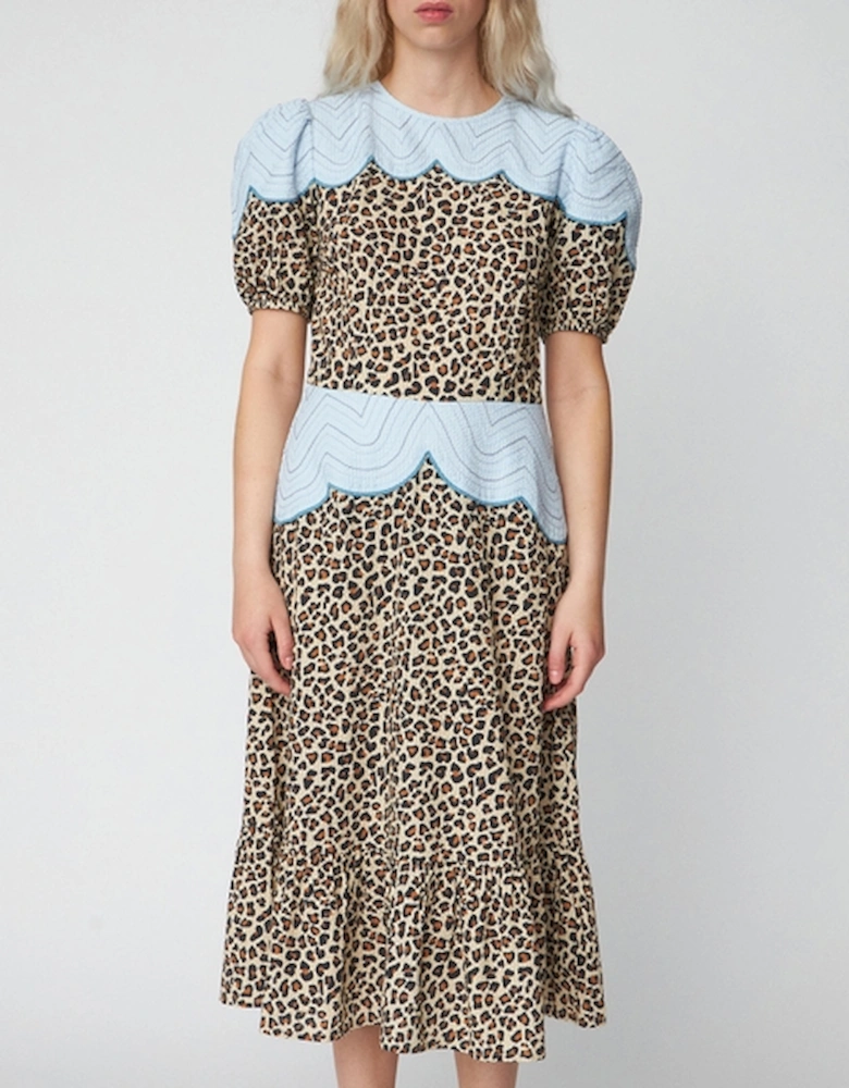Leopard Embroidered Cotton-Seersucker Midi Dress