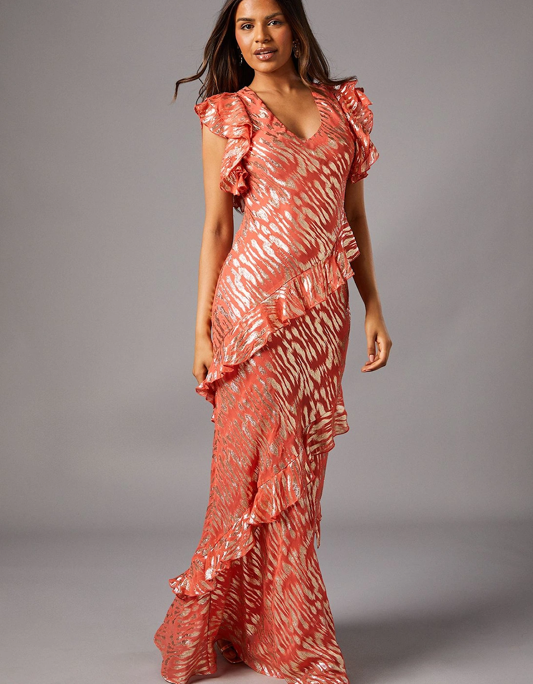 Petite Metallic Jacquard Frill Midi Dress, 2 of 1