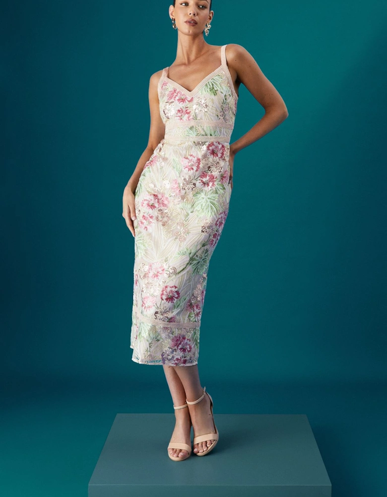 Muse Floral Embellished V Neck Strappy Midi Dress