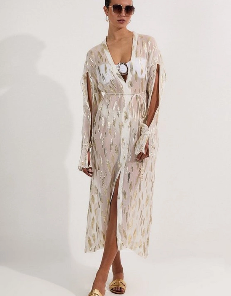 Beach Metallic Thread Plunge Shirt Maxi Dress