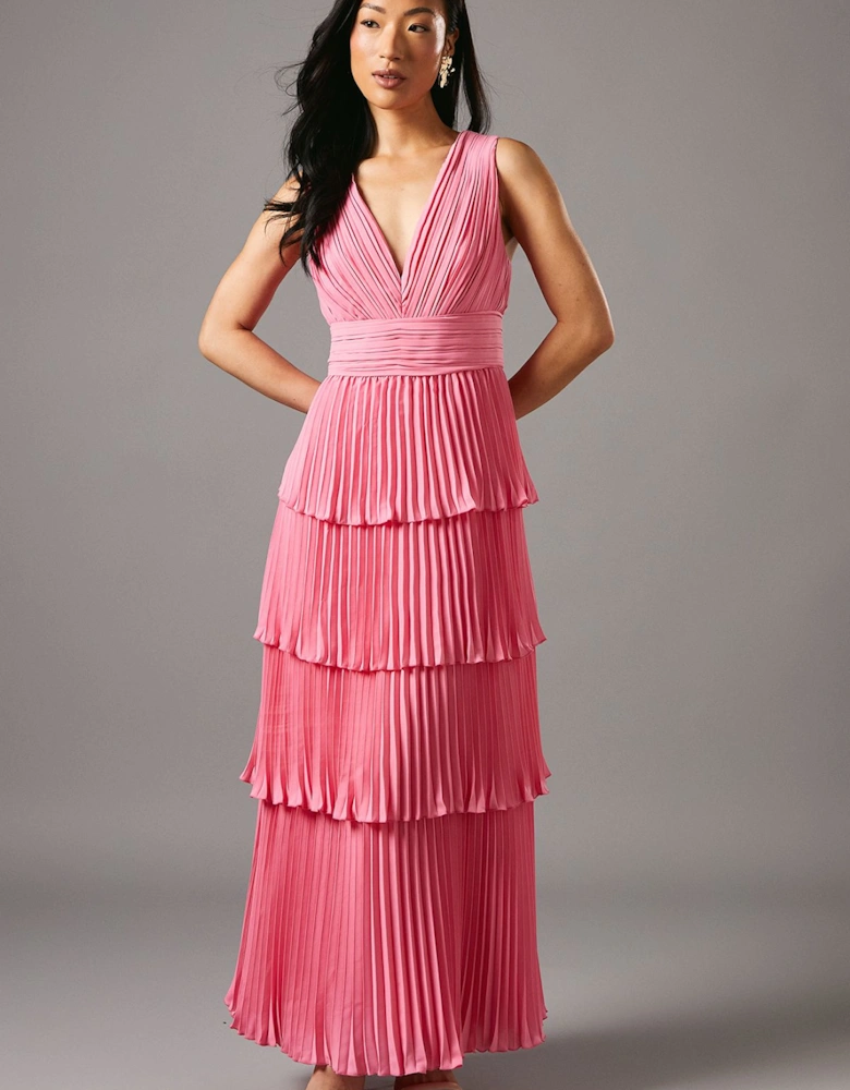 Pleated Tiered Plunge Neck Dress