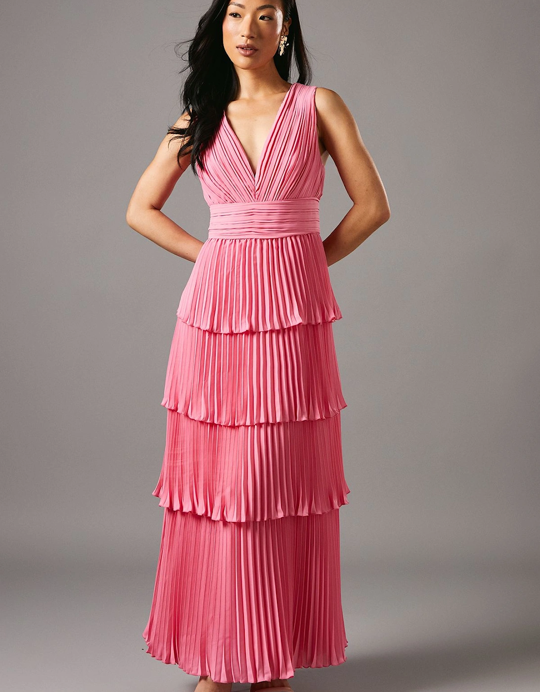 Pleated Tiered Plunge Neck Dress, 2 of 1