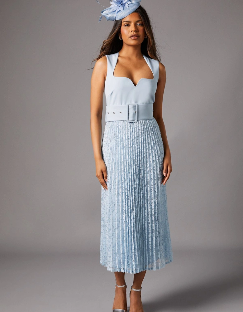 Petite Notch Neck Pleated Lace Skirt Midi Dress