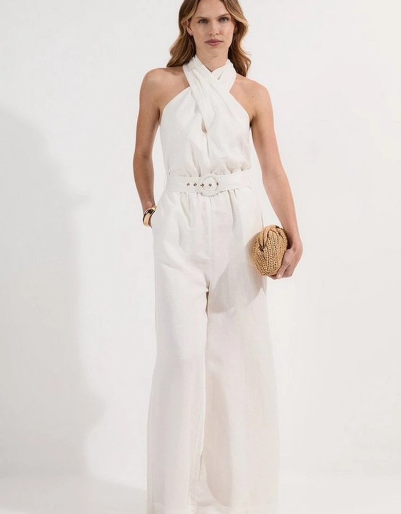 Petite Linen Viscose Cross Front Woven Belted Jumpsuit