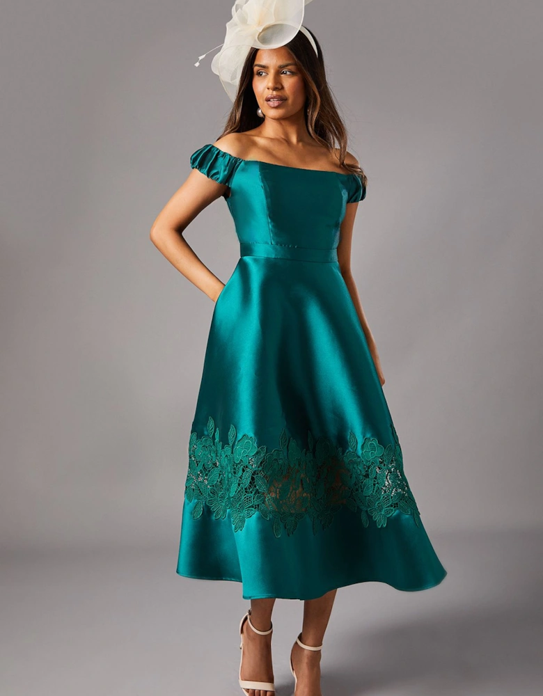 Petite Bardot Twill Midi Dress With Lace Trim