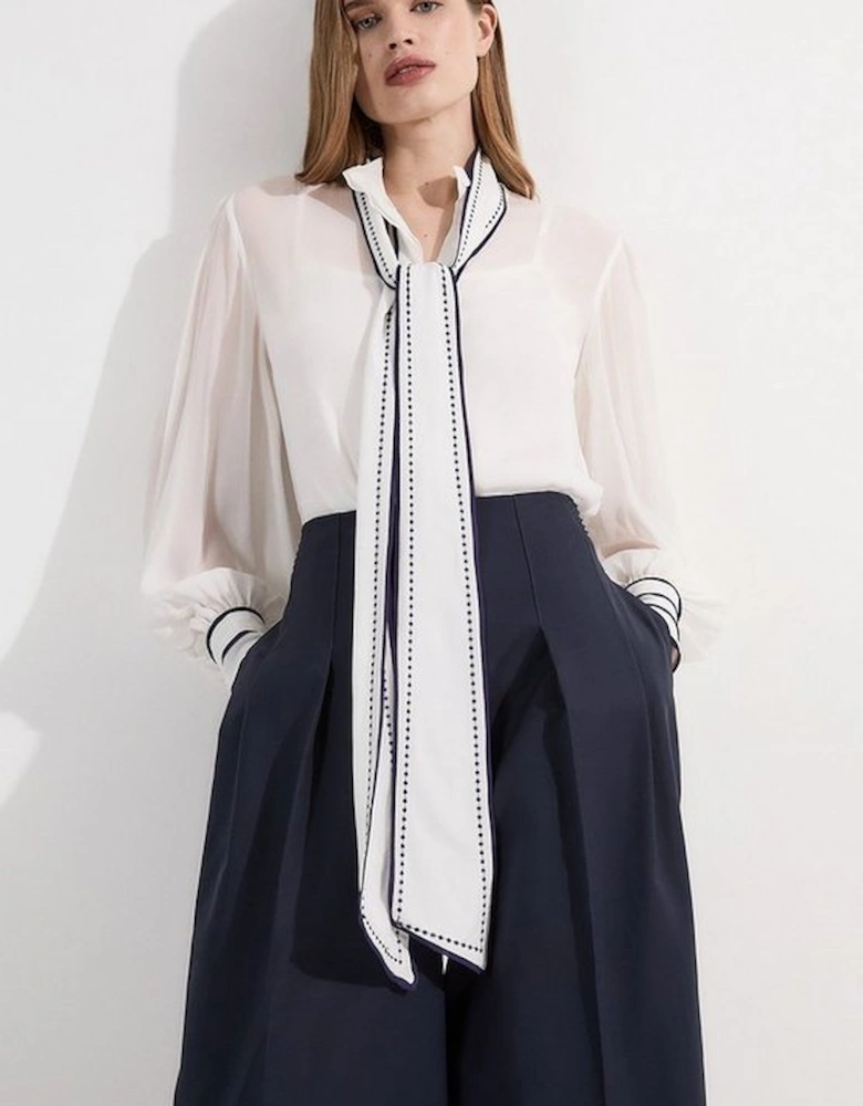 Archive Collection - Petite Balloon Sleeve Contrast Stitch Bow Woven Blouse