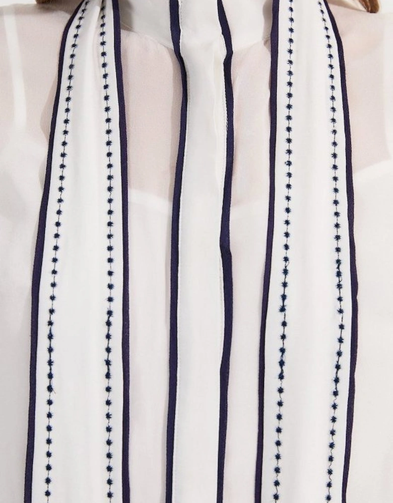 Archive Collection - Petite Balloon Sleeve Contrast Stitch Bow Woven Blouse