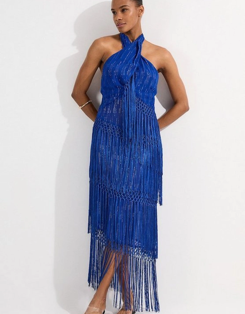 Petite Beach Fringe Halter Neck Woven Dress