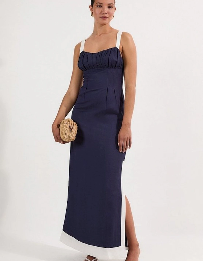 Tall Linen Viscose Colour Block Strappy Woven Midi Dress