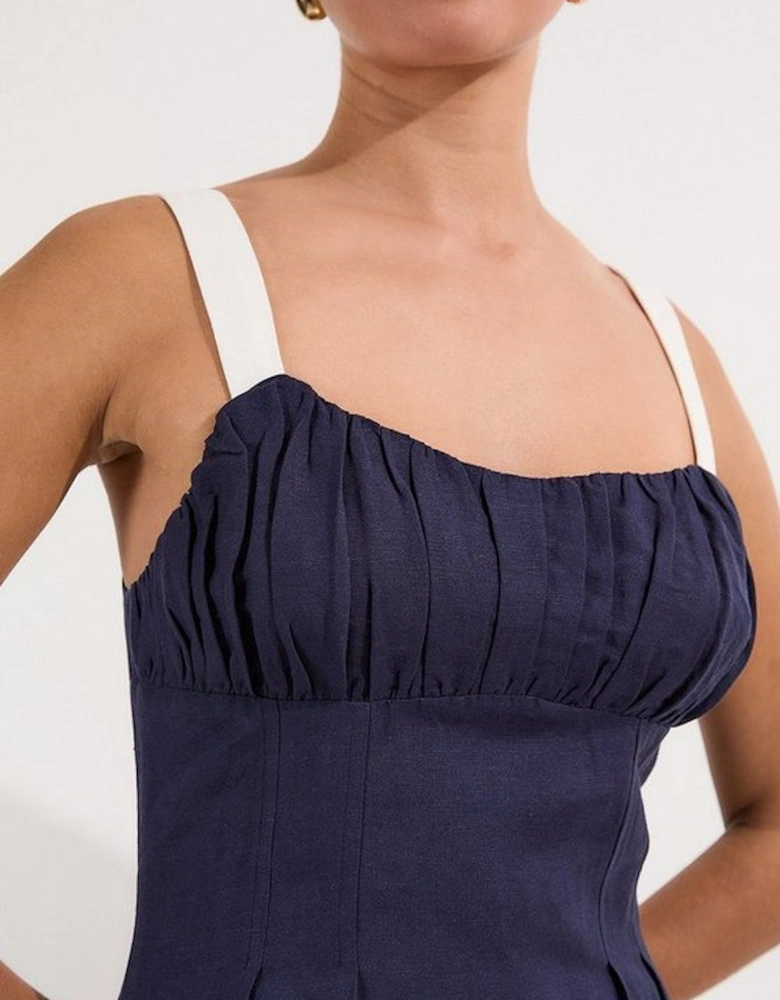 Tall Linen Viscose Colour Block Strappy Woven Midi Dress