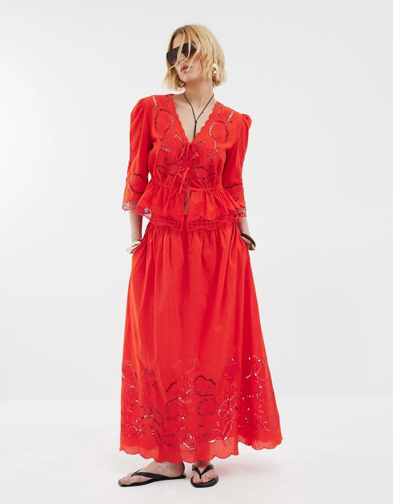 Cutwork Tie Front Blouse - Red