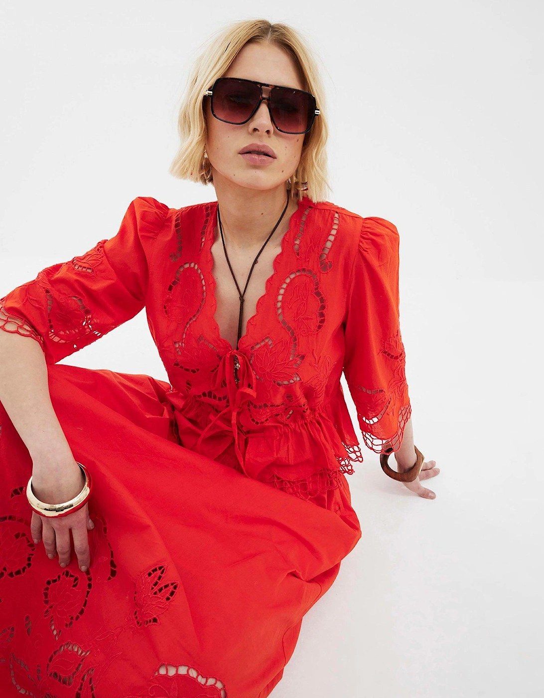 Cutwork Tie Front Blouse - Red