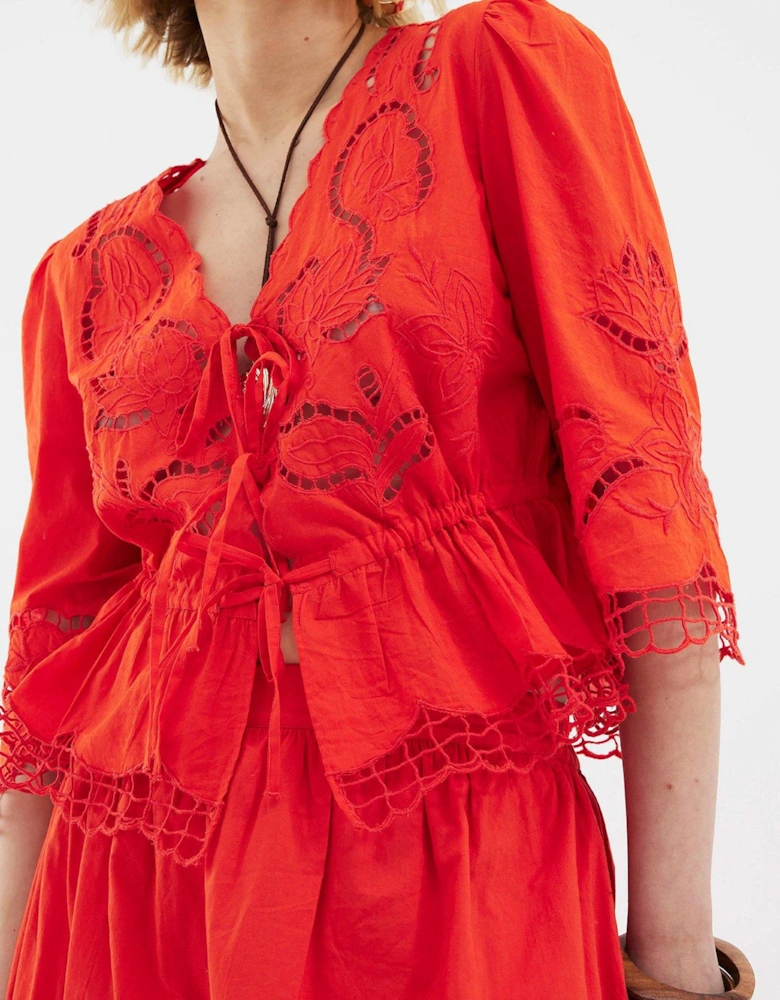 Cutwork Tie Front Blouse - Red