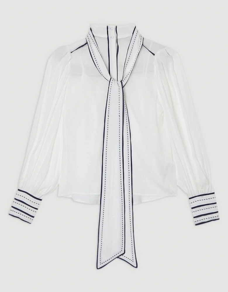 Archive Collection - Plus Size Balloon Sleeve Contrast Stitch Bow Woven Blouse