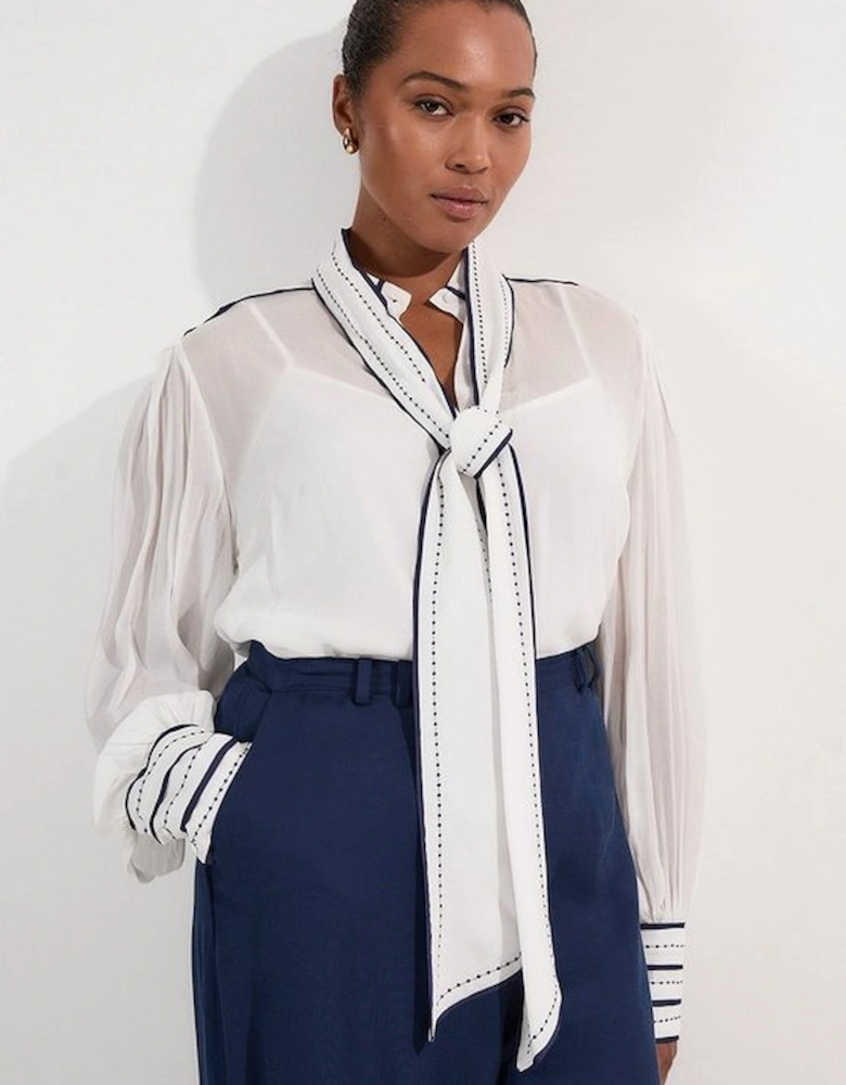 Archive Collection - Plus Size Balloon Sleeve Contrast Stitch Bow Woven Blouse