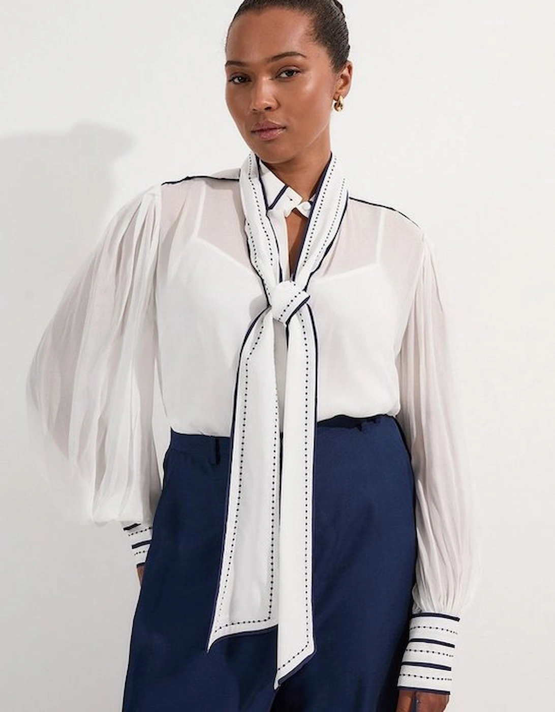 Archive Collection - Plus Size Balloon Sleeve Contrast Stitch Bow Woven Blouse, 5 of 4