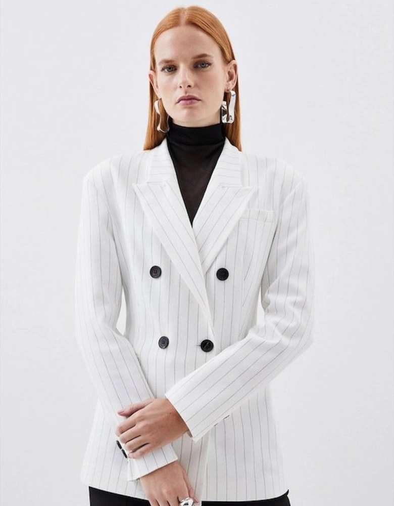 Tailored Compact Stretch Pinstripe Double Breasted Blazer