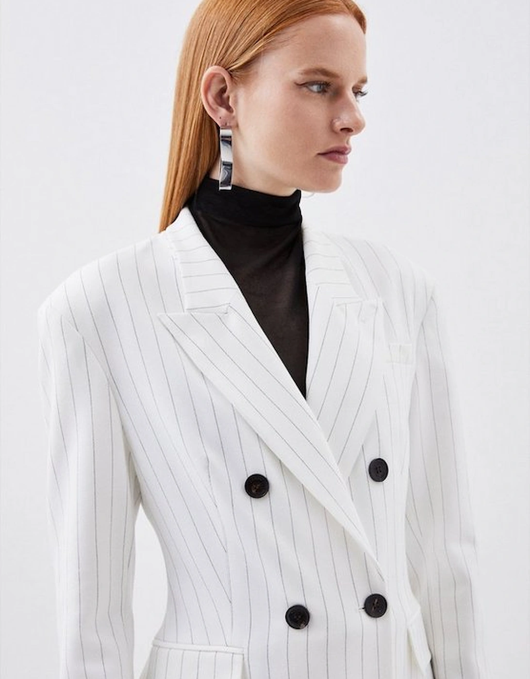 Tailored Compact Stretch Pinstripe Double Breasted Blazer