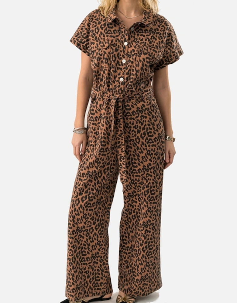 Lollys Laundry Mathilde Leopard-Print Denim Jumpsuit