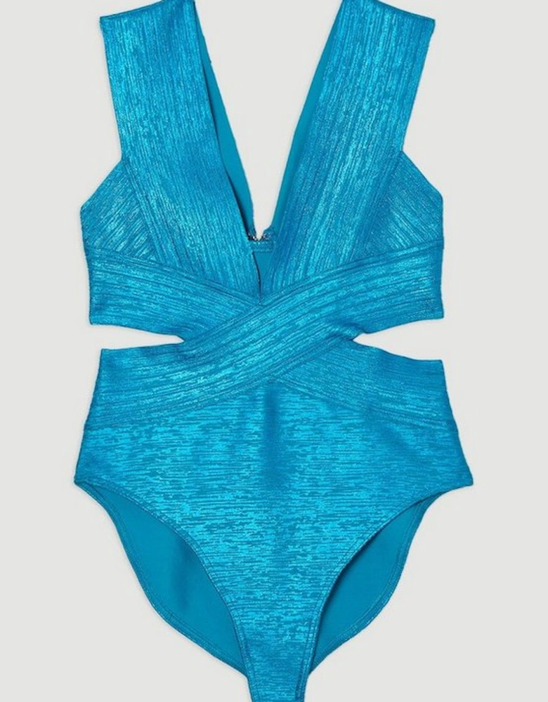 Foiled Bandage Textured V Neck Swimsuit
