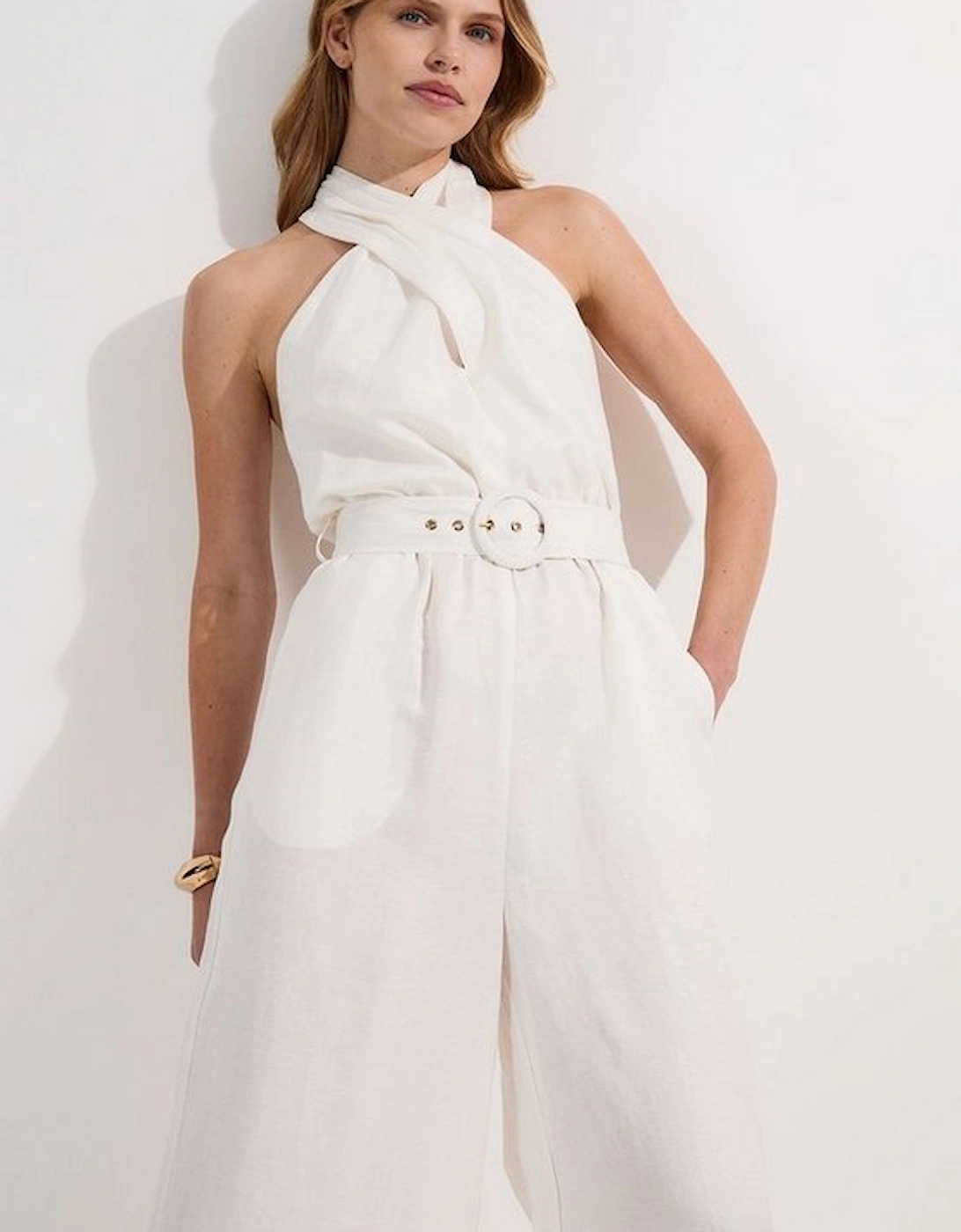 Linen Viscose Cross Front Woven Belted Jumpsuit, 2 of 1