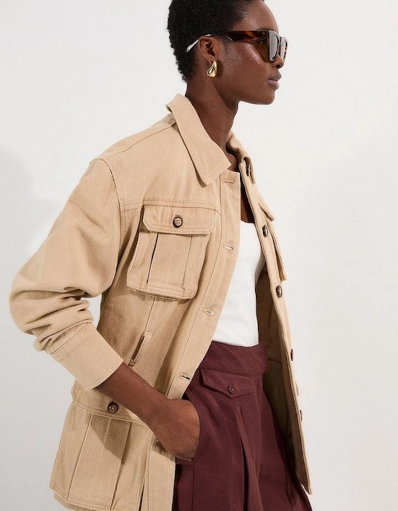 Denim Pocket Detail Belted Safari Jacket