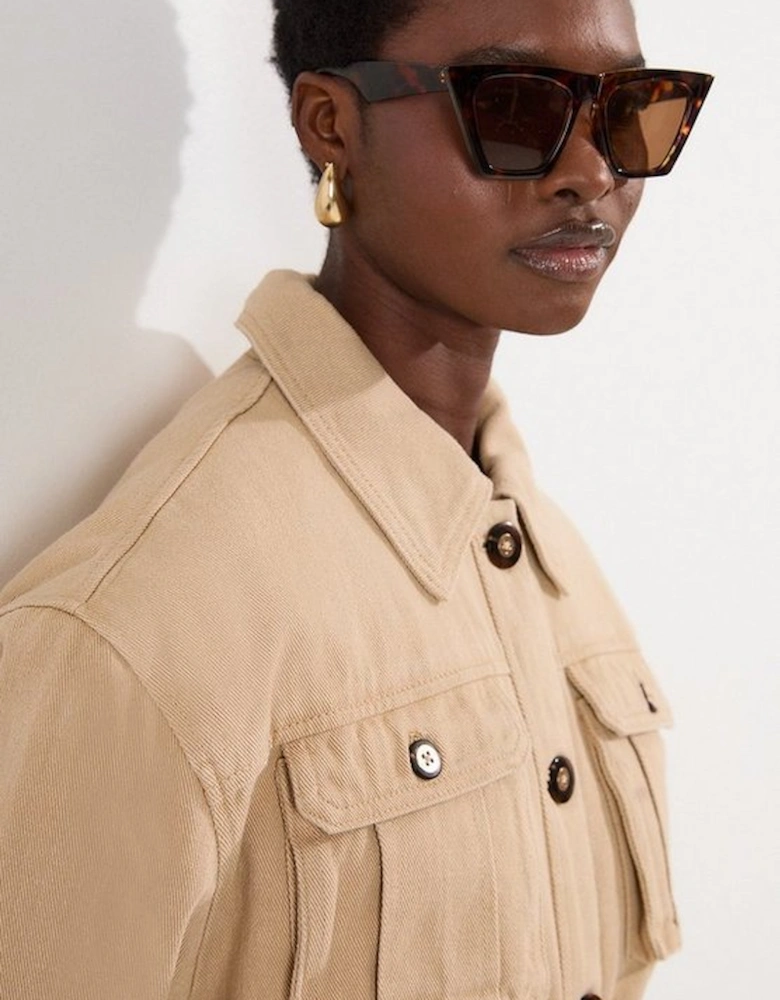Denim Pocket Detail Belted Safari Jacket