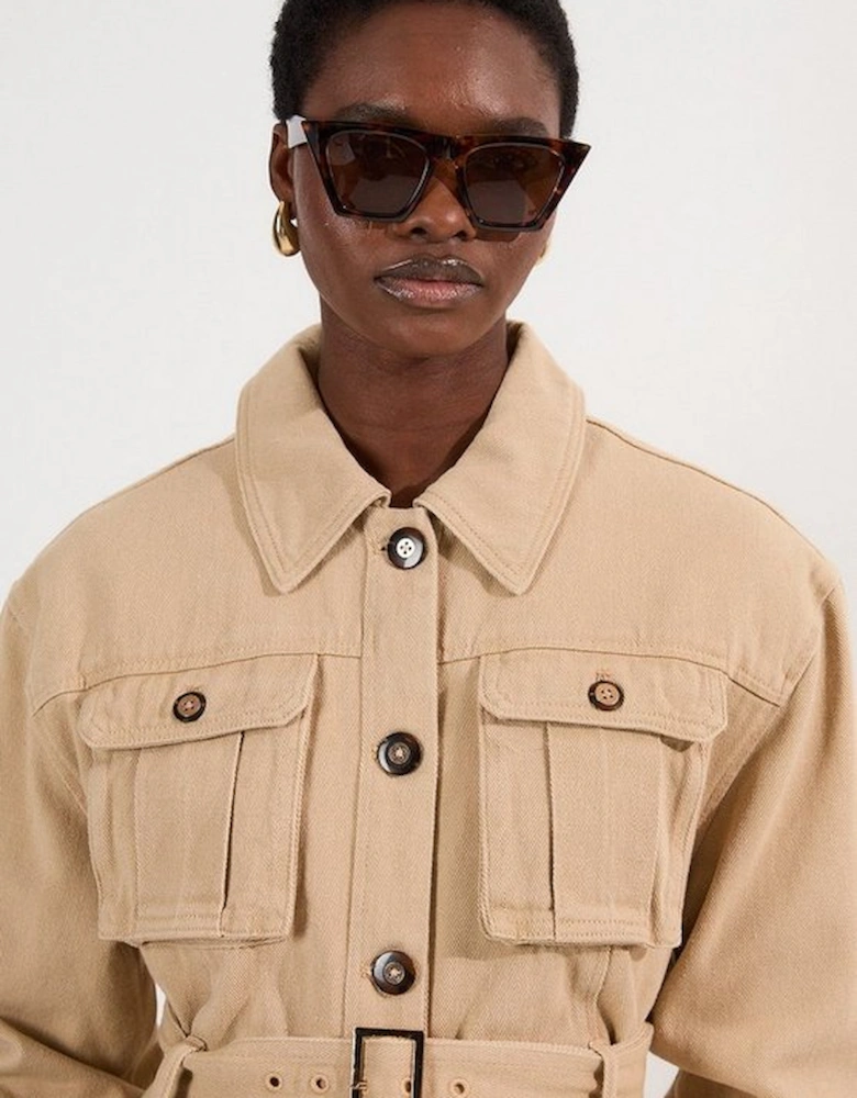 Denim Pocket Detail Belted Safari Jacket