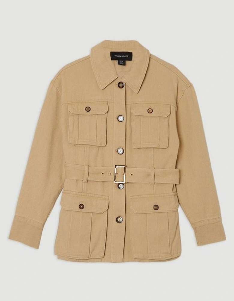 Denim Pocket Detail Belted Safari Jacket