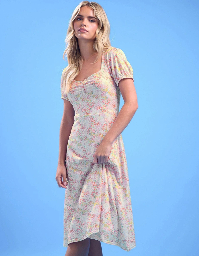 Petite Puff Sleeve Ruched Front Midi Dress
