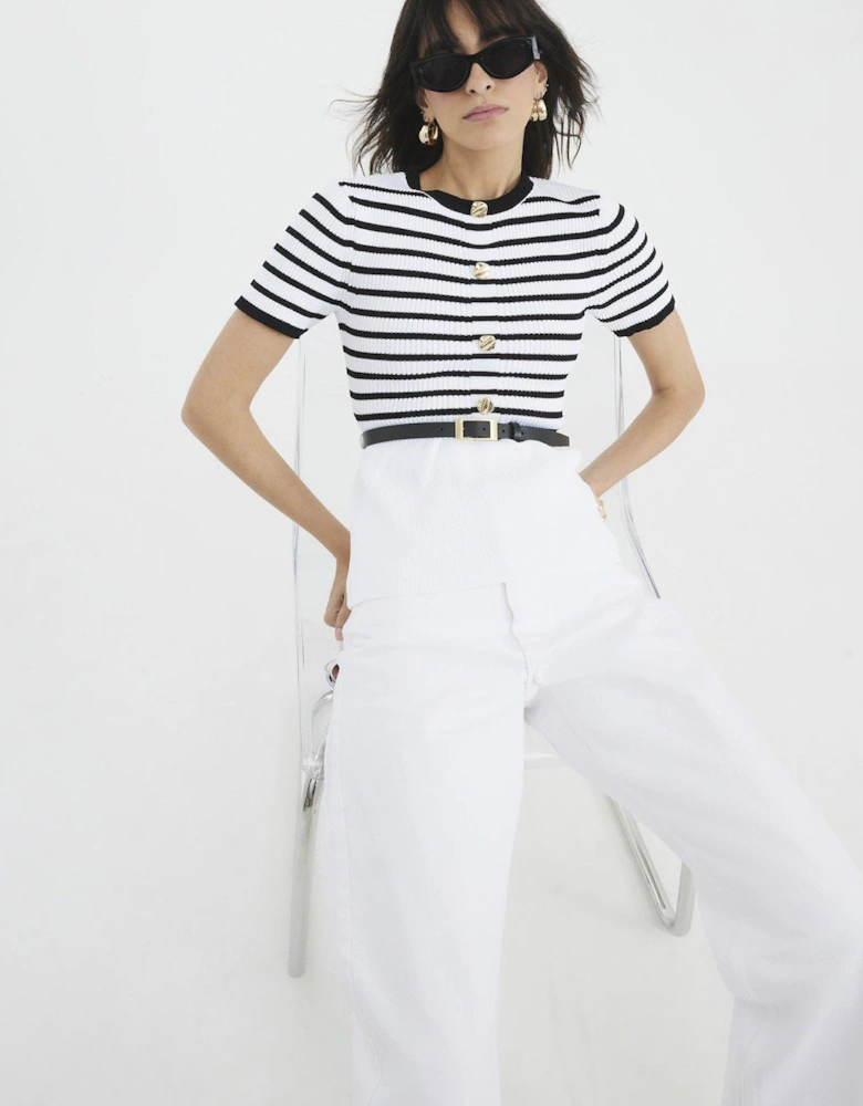 Striped Knit Short Sleeve Belted Top