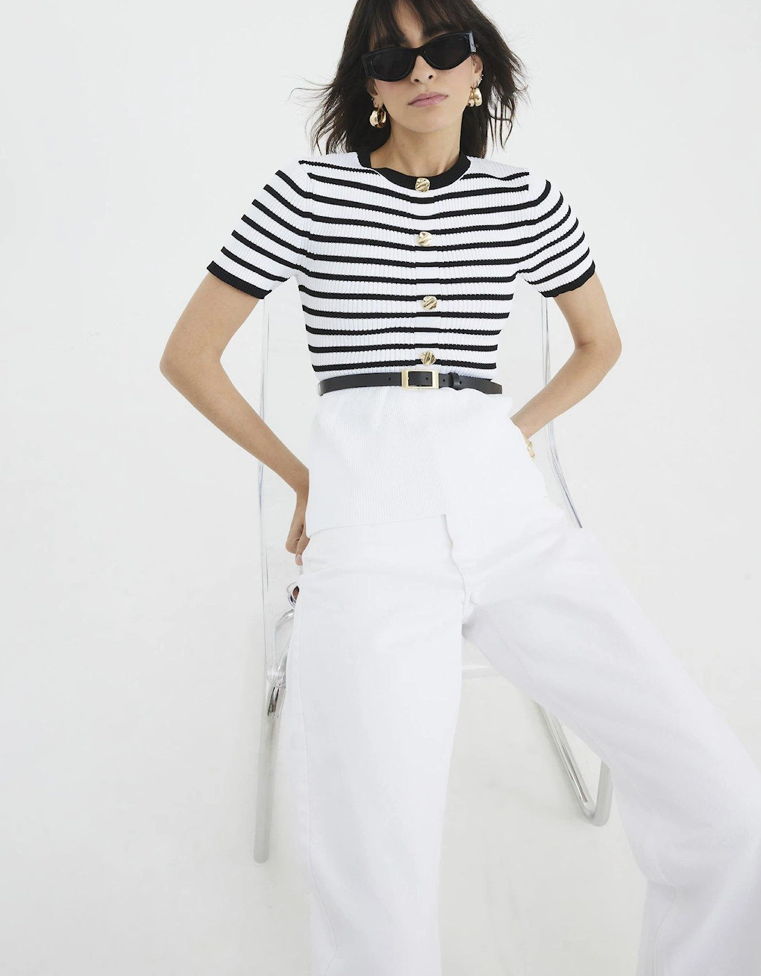 Striped Knit Short Sleeve Belted Top, 2 of 1