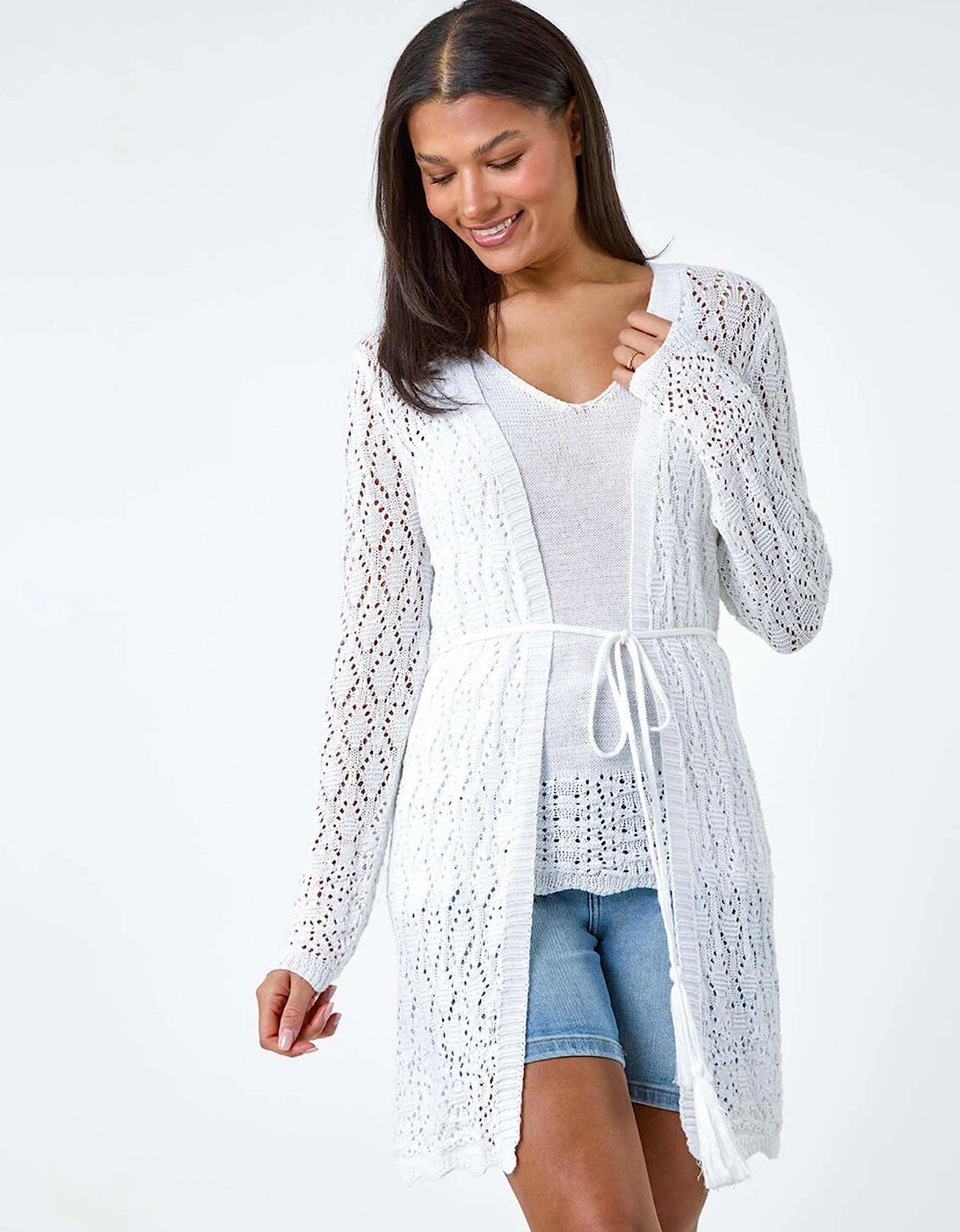 Pointelle Knit Longline Tie Detail Cardigan, 2 of 1