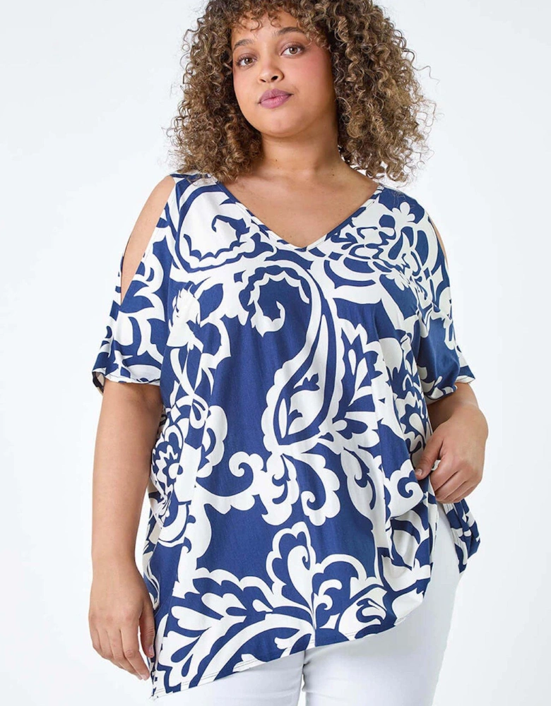 Curve Floral Print V-neck Cold Shoulder Top