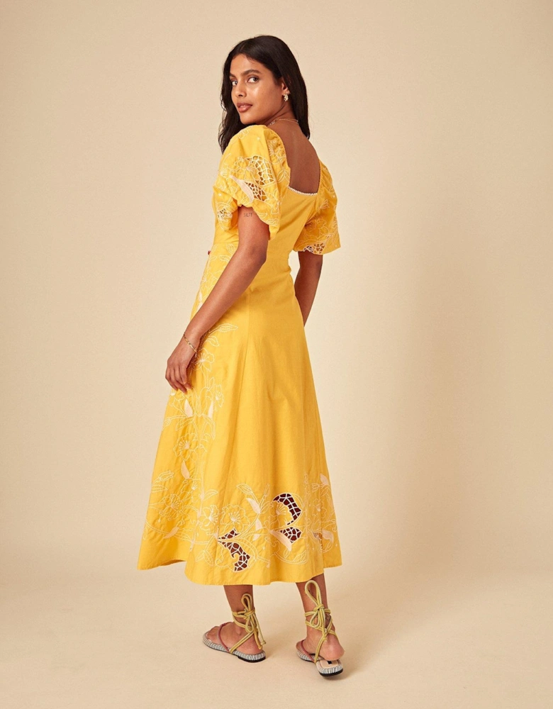 Beatrix Midi Embroidered Dress - Yellow