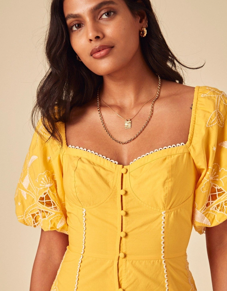 Beatrix Midi Embroidered Dress - Yellow