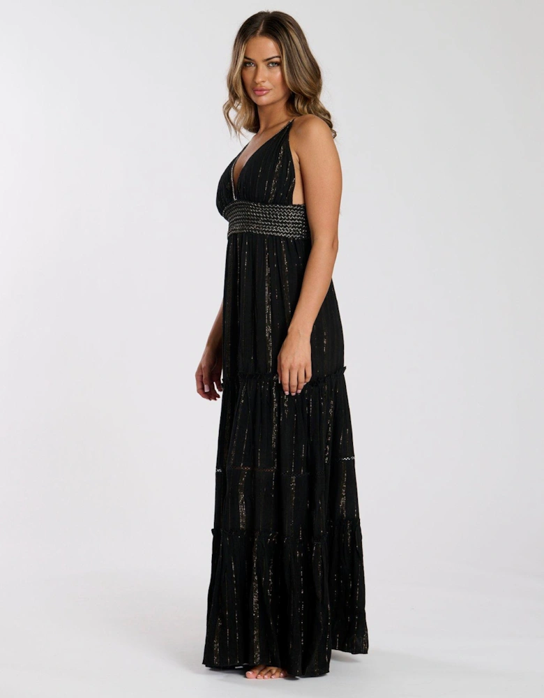 Metallic Cami Stripe Maxi Dress - Black