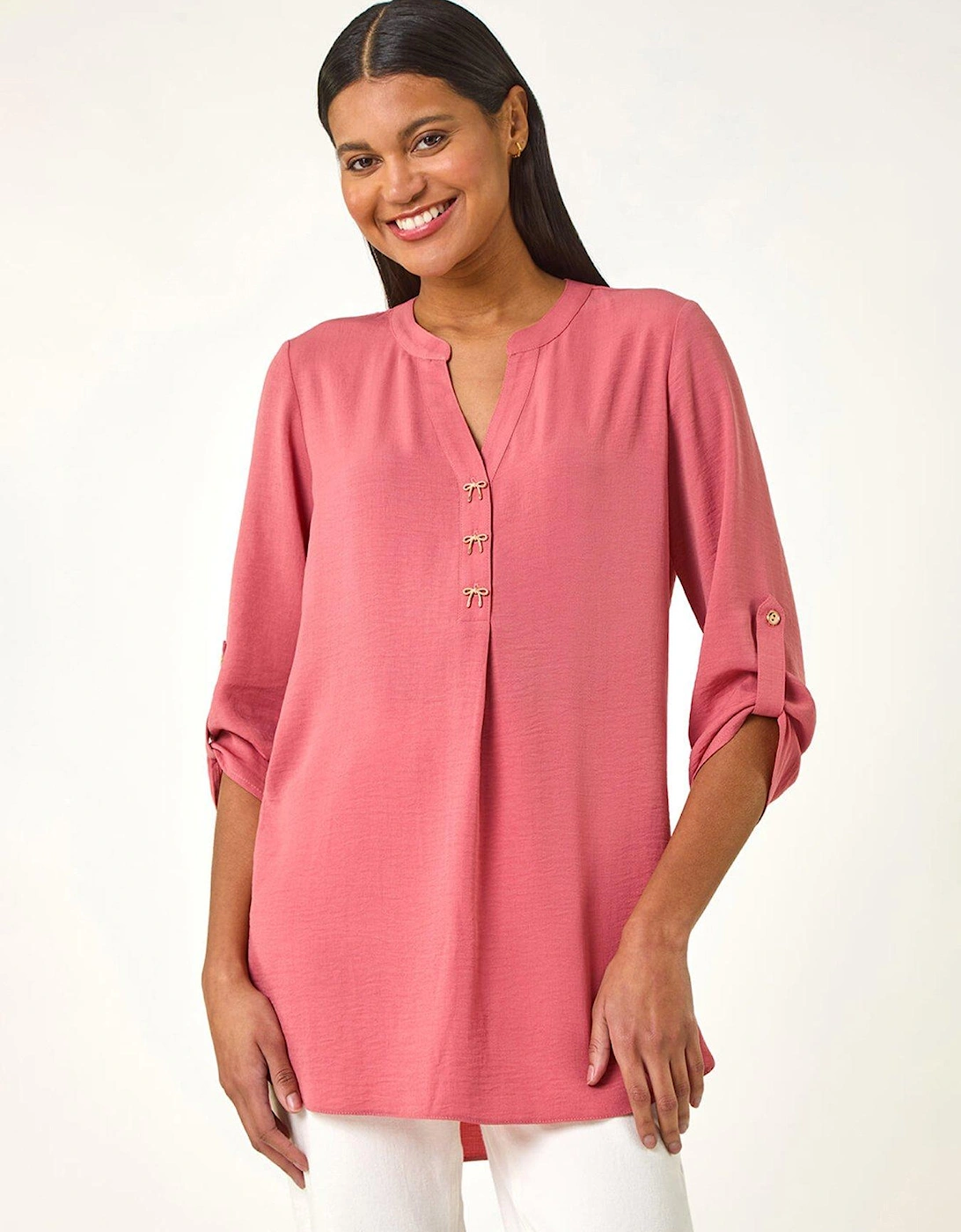 Longline Bow Button Tunic Top - Pink, 2 of 1