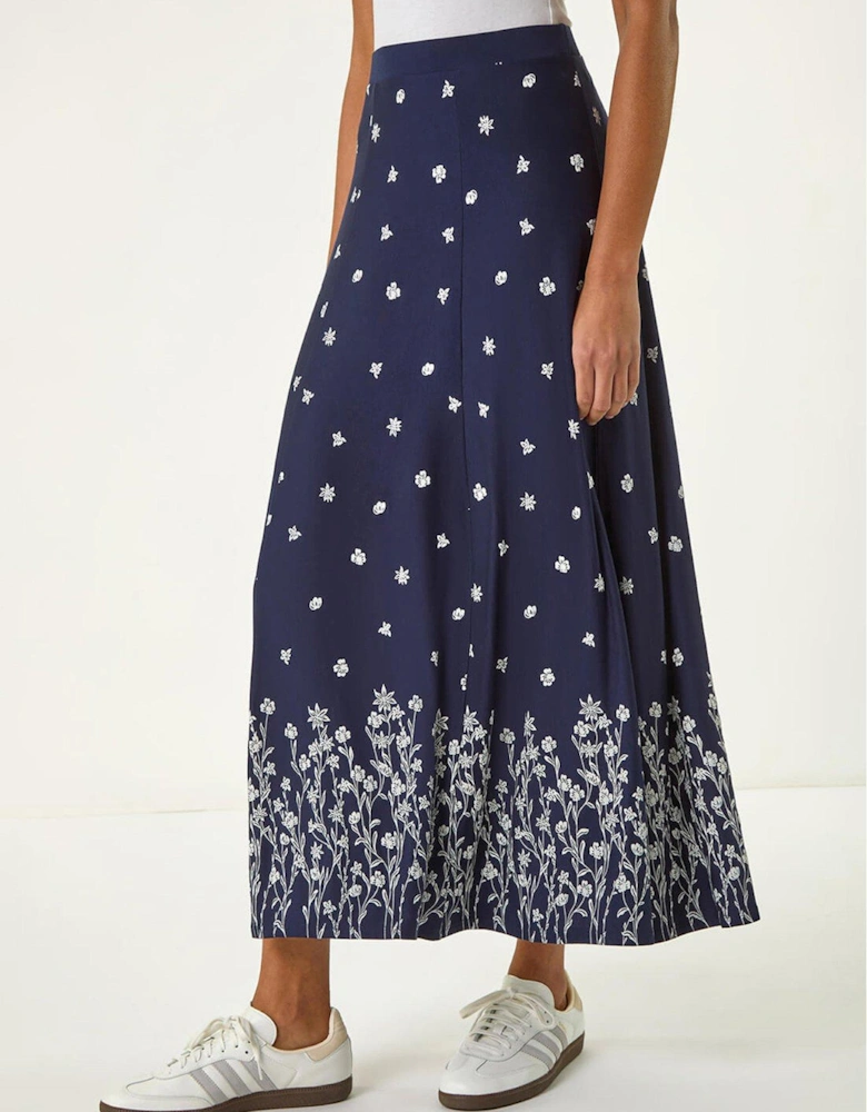 Floral Border Print Stretch Skirt - Navy