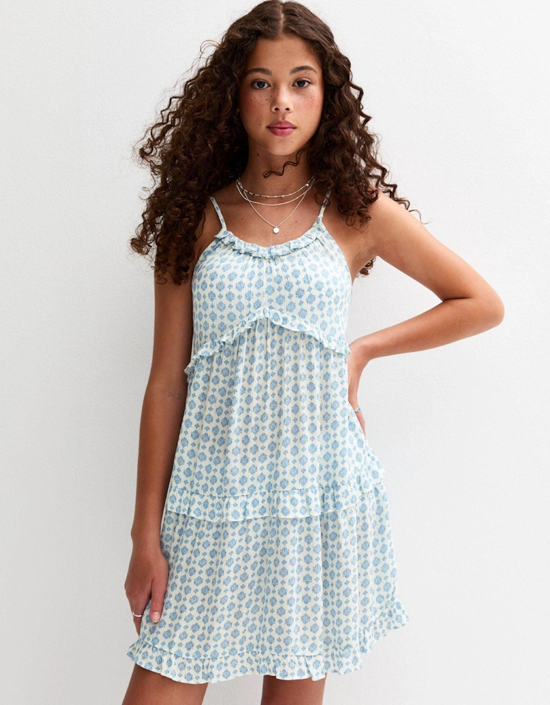 Girls Patterned Ruffle Trim Babydoll Dress - Blue
