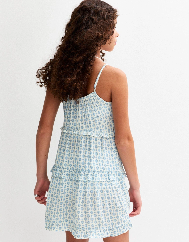Girls Patterned Ruffle Trim Babydoll Dress - Blue