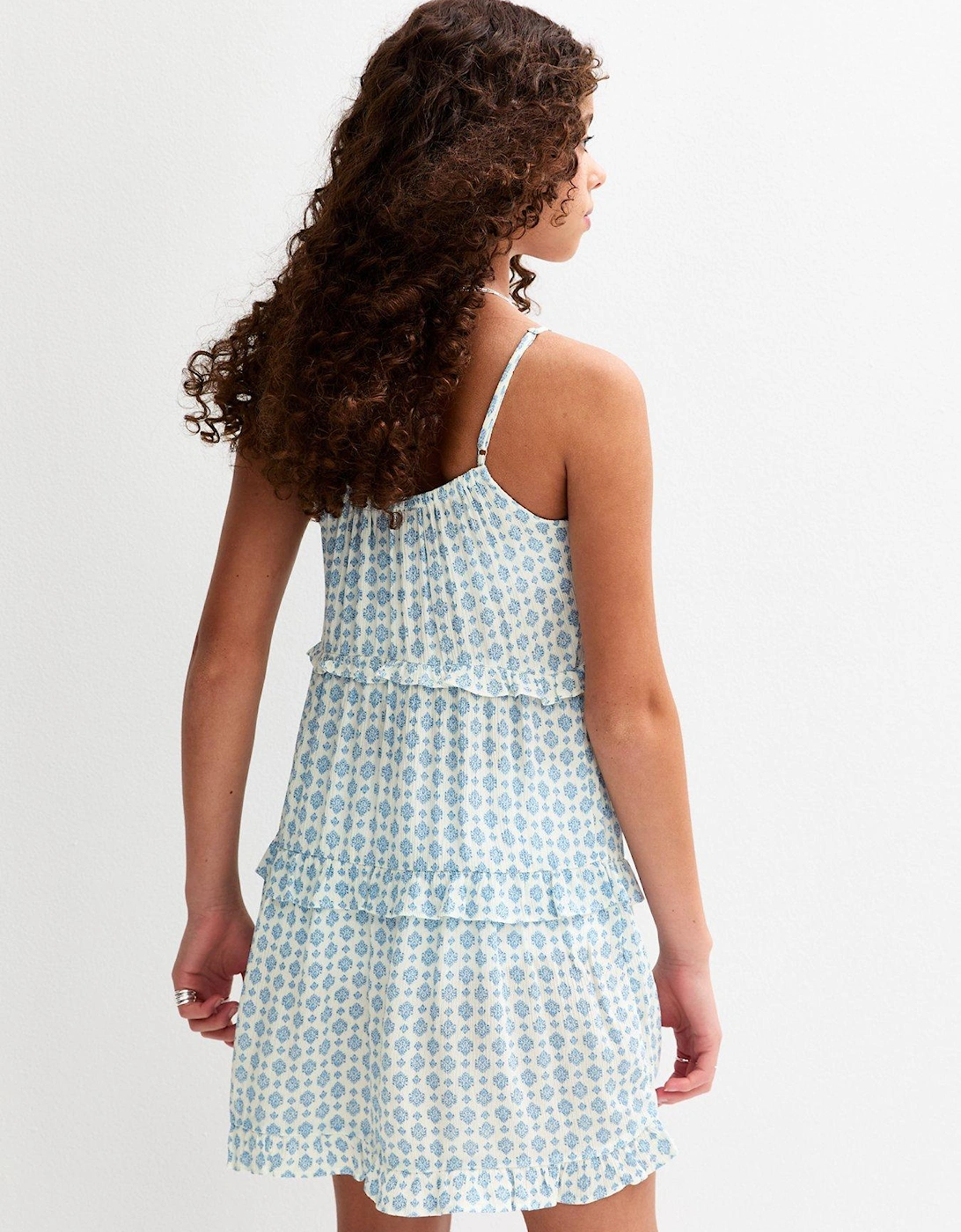 Girls Patterned Ruffle Trim Babydoll Dress - Blue