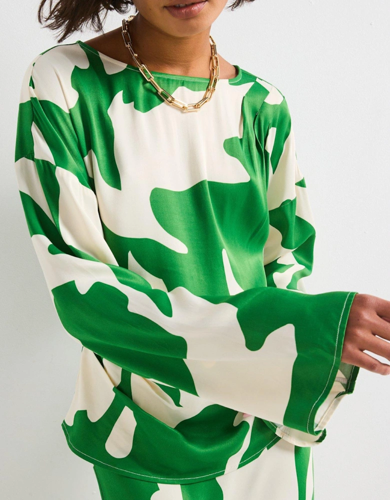 Printed Flare Sleeve Top - Green