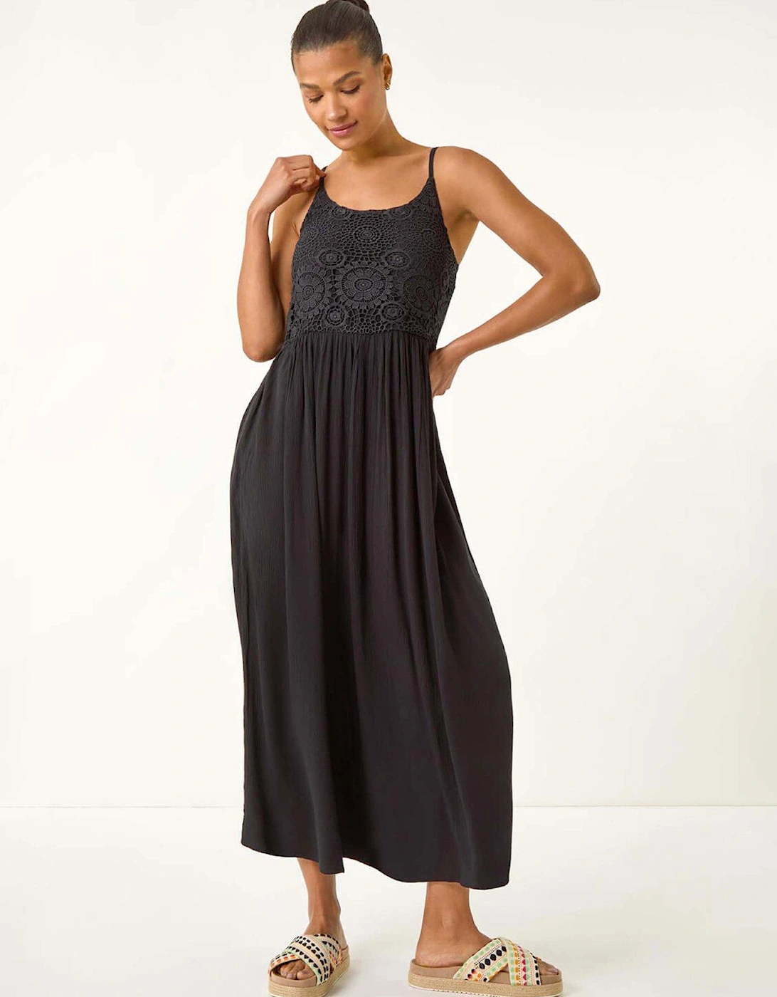 Lace Bodice Shirred Midi Dress - Black, 2 of 1